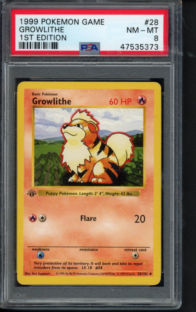 1999 Pokemon Game - Growlithe 1 St Edition 28/102 PSA 8