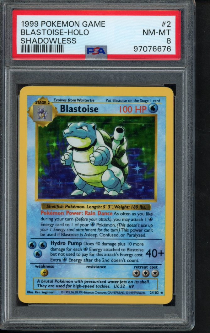 1999 Pokemon Game - Blastoise Holo - Shadowless 2/102 PSA 8